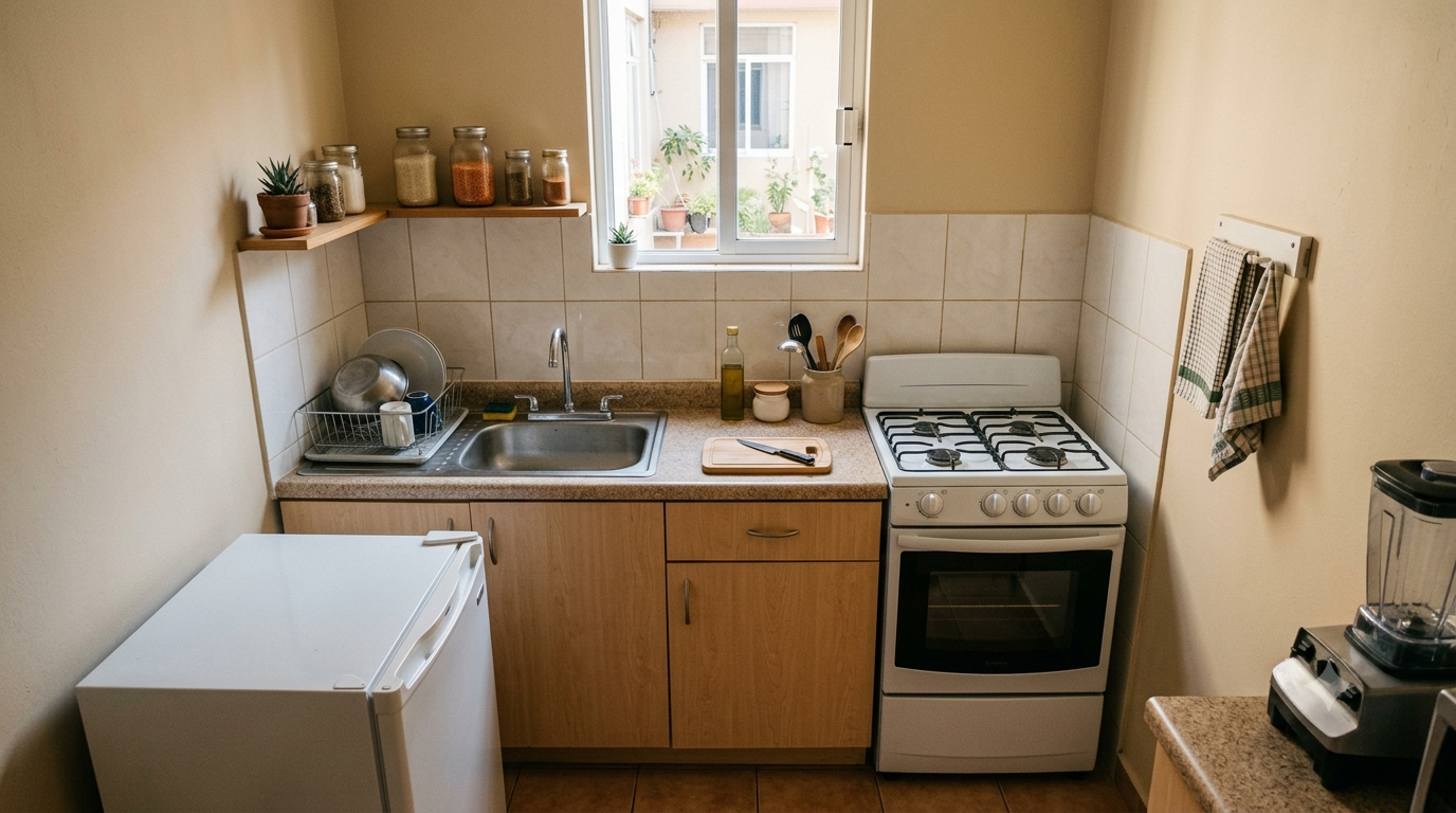 Cocina pequeña organizada sin alacena con zonas simples de almacenamiento