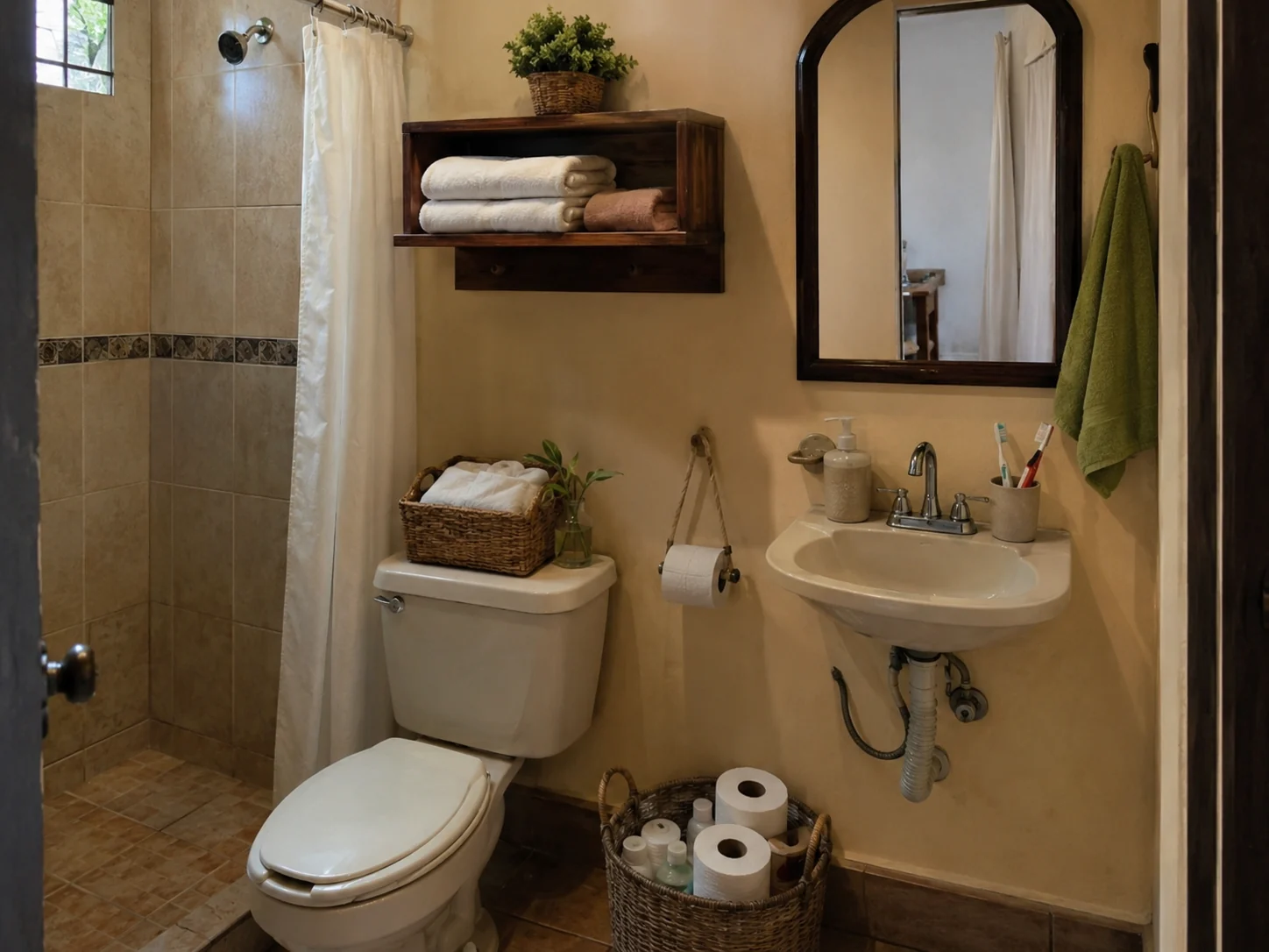 Baño pequeño organizado por zonas de uso diario, repuestos y limpieza