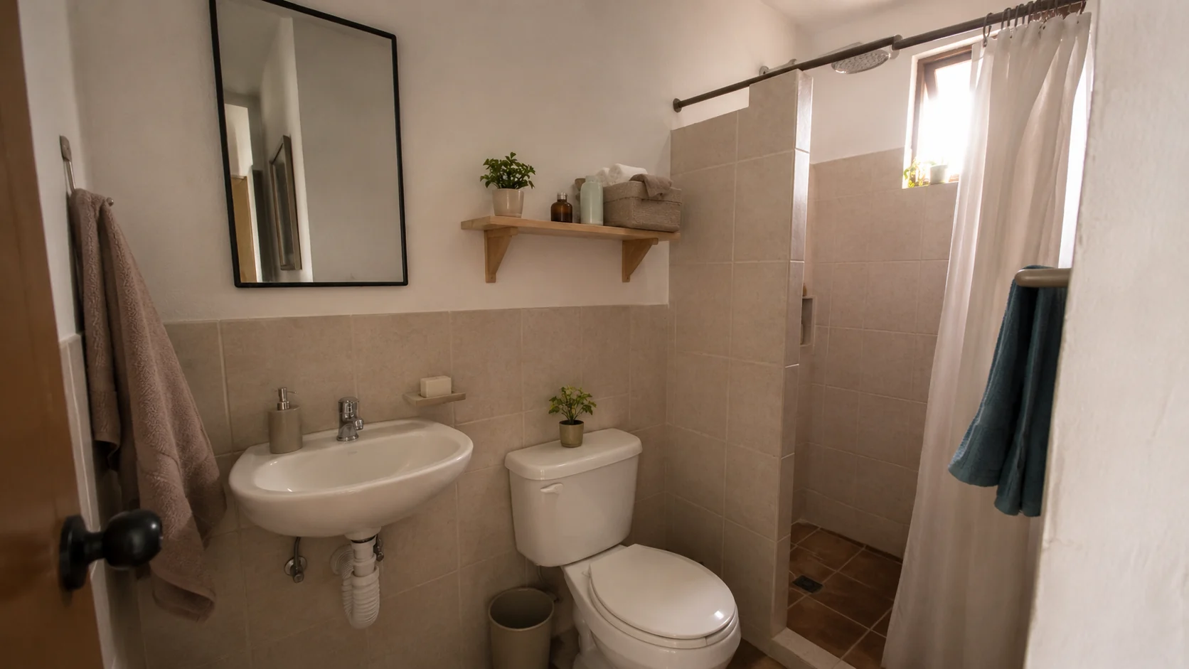Baño pequeño sin muebles organizado con soluciones simples y visibles
