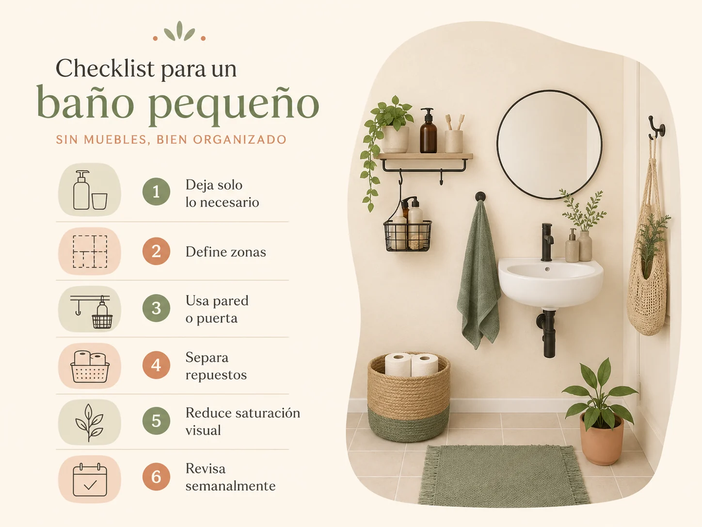 Checklist visual para organizar un baño pequeño sin muebles