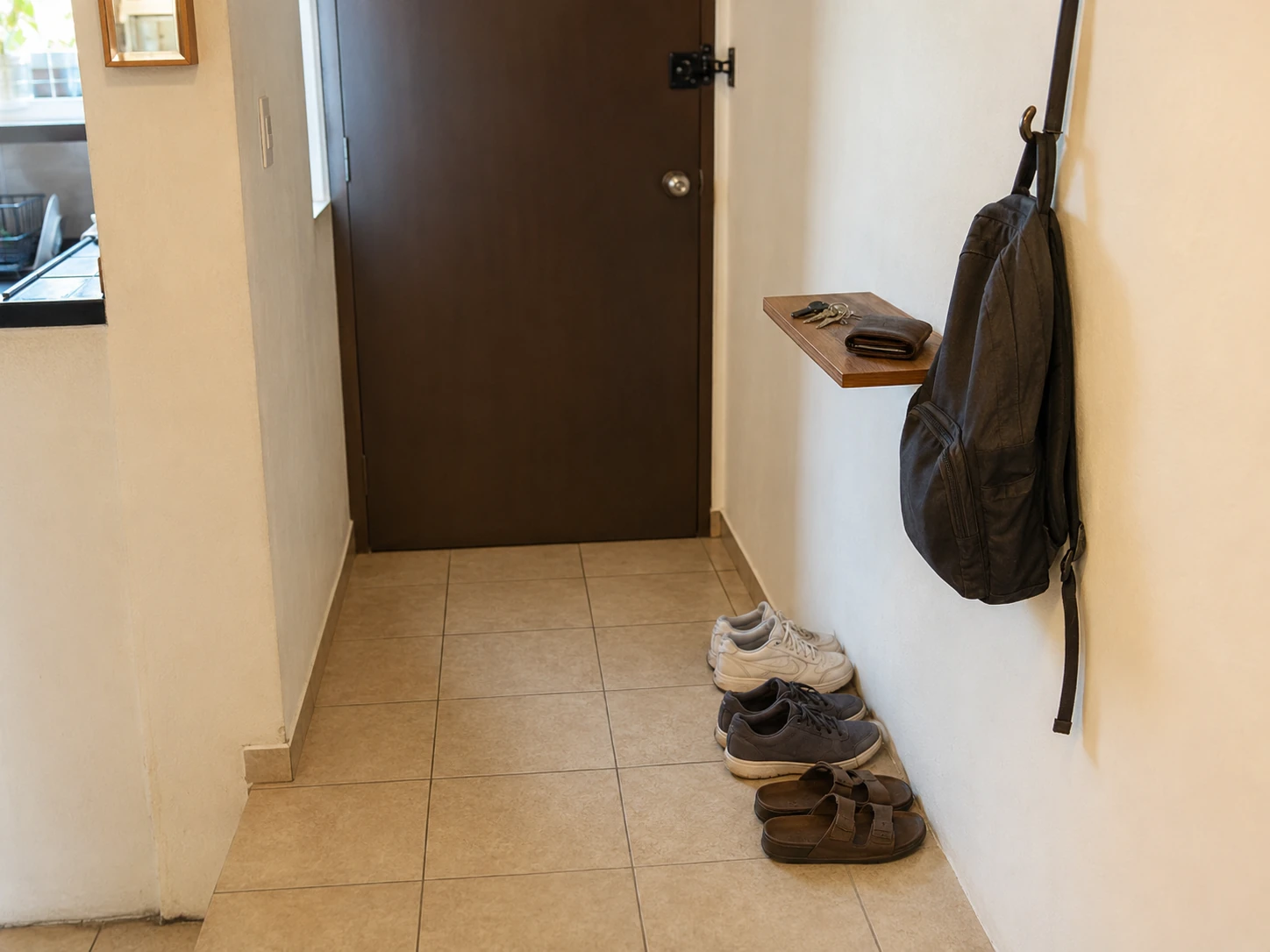 Entrada organizada en un departamento pequeño