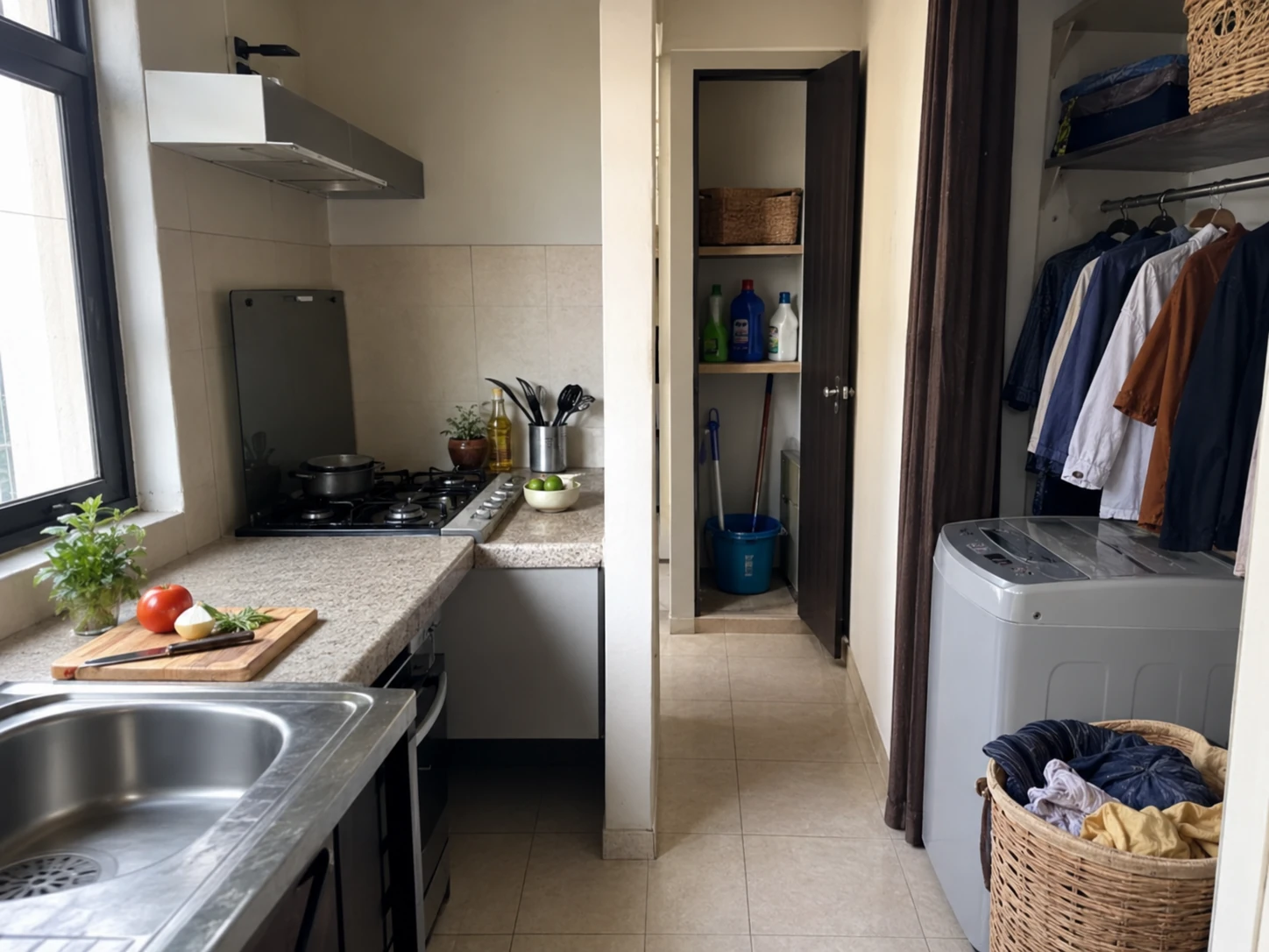 Zonas de cocina, limpieza y lavado separadas en un departamento pequeño