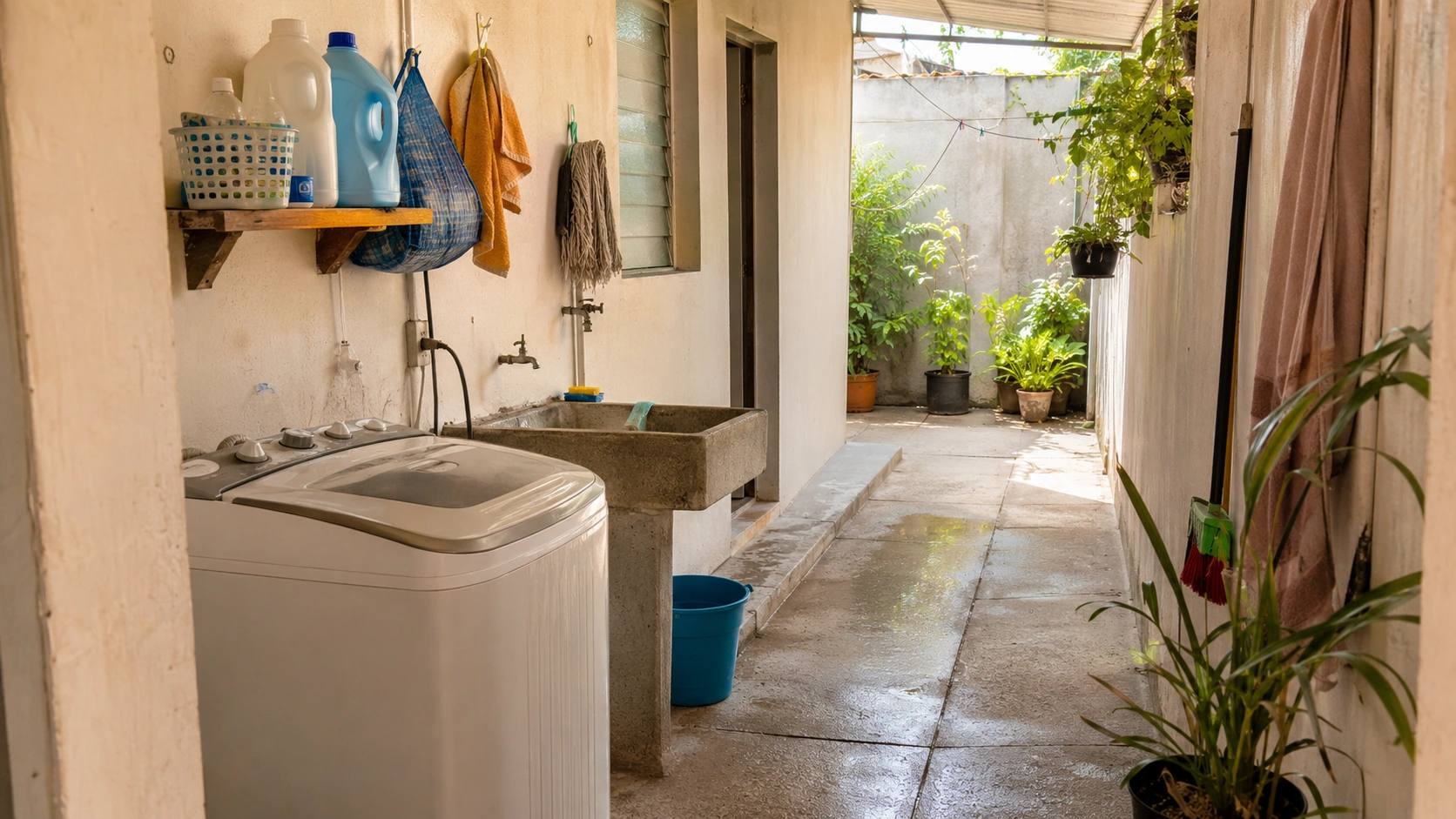Lavandería pequeña en patio organizada por zonas