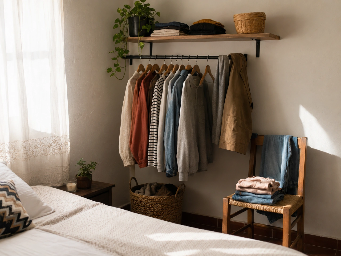 Zona de ropa en una recámara pequeña sin clóset