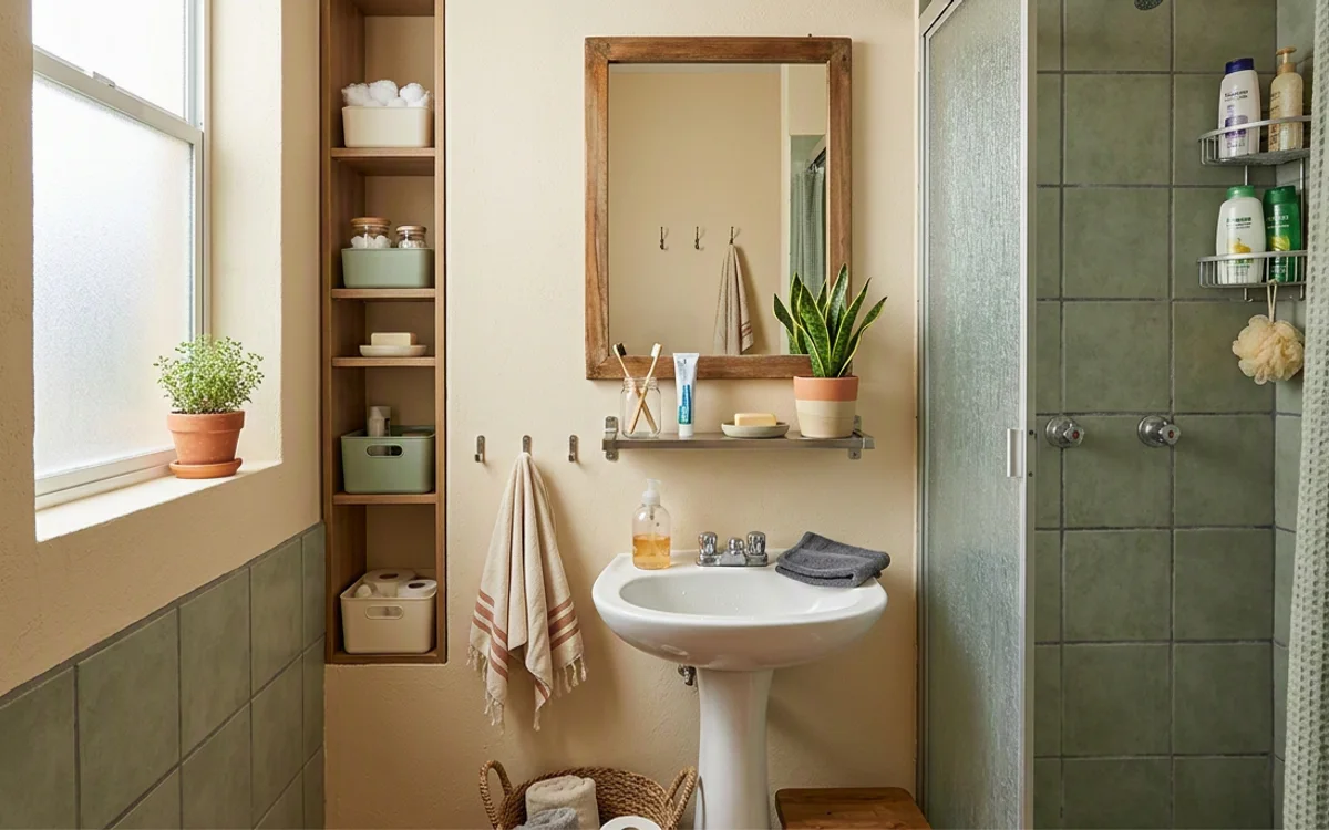 Baño pequeño organizado con estantes y accesorios prácticos