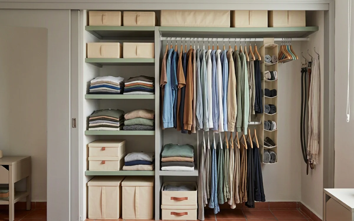 Clóset pequeño organizado con ropa y accesorios bien distribuidos