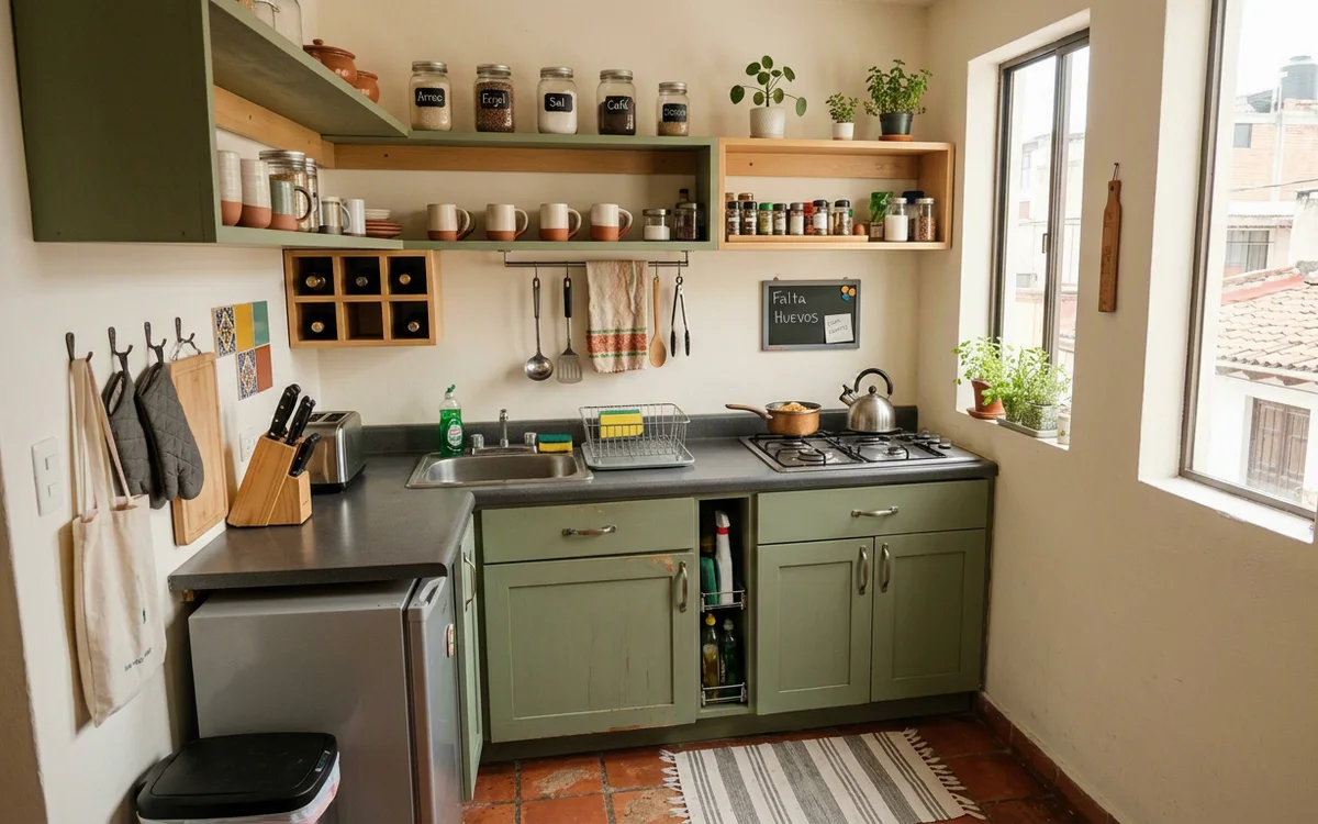 Cocina pequeña organizada con soluciones prácticas de almacenamiento